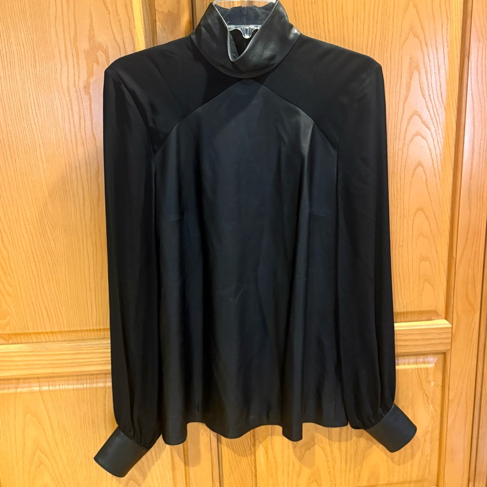 Tamara Mellon Black Leather & Silk Blouse Top Size 4